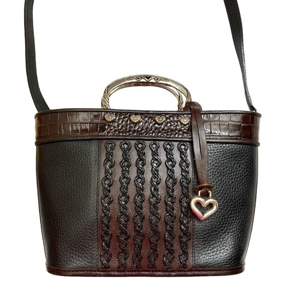 Brighton Black Brown Leather Top Handle Tote Bag With Hearts And Strap! So Cute